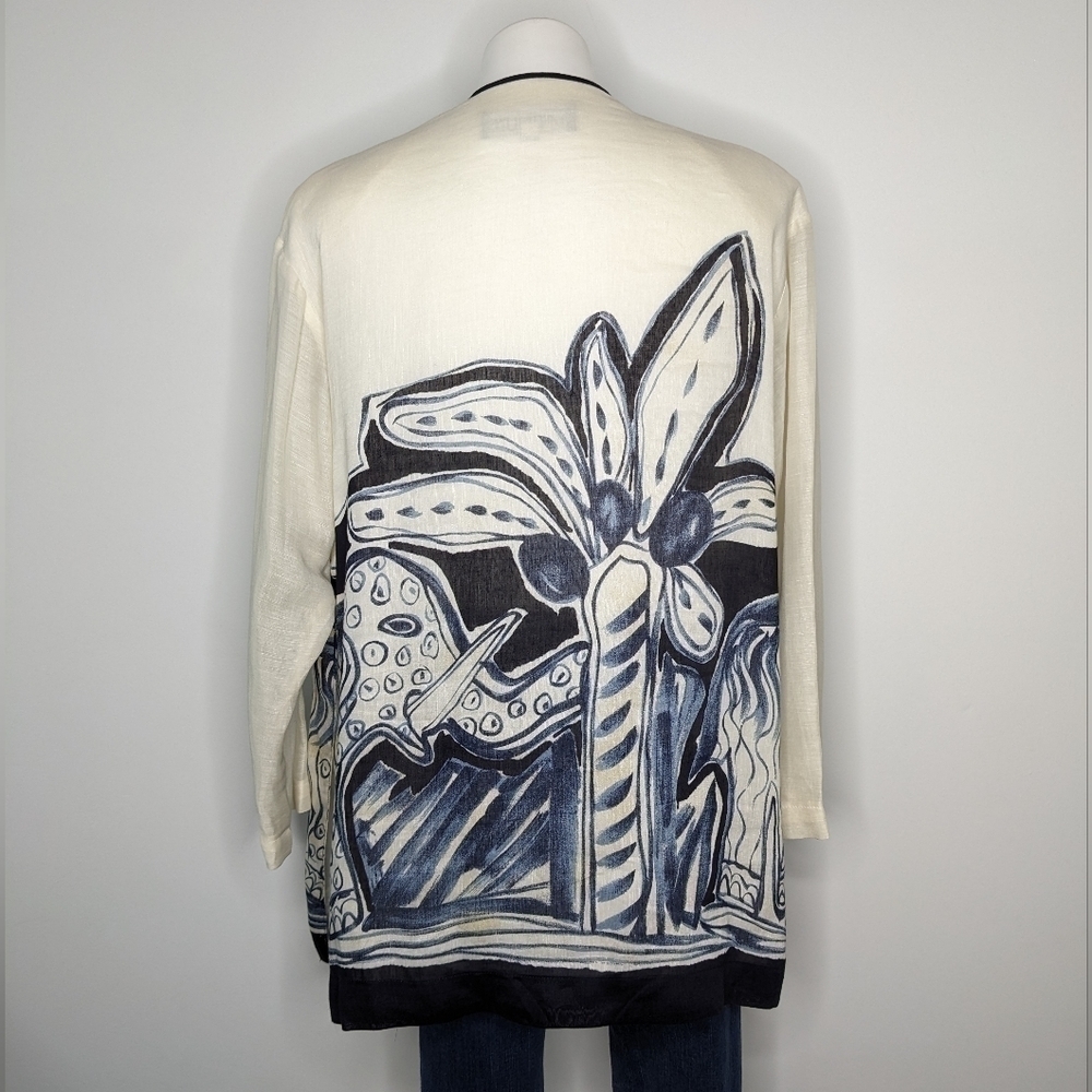 Vintage Dorothy Schoelen Platinum white blue tan tie closure cardigan jacket L - Picture 7 of 12